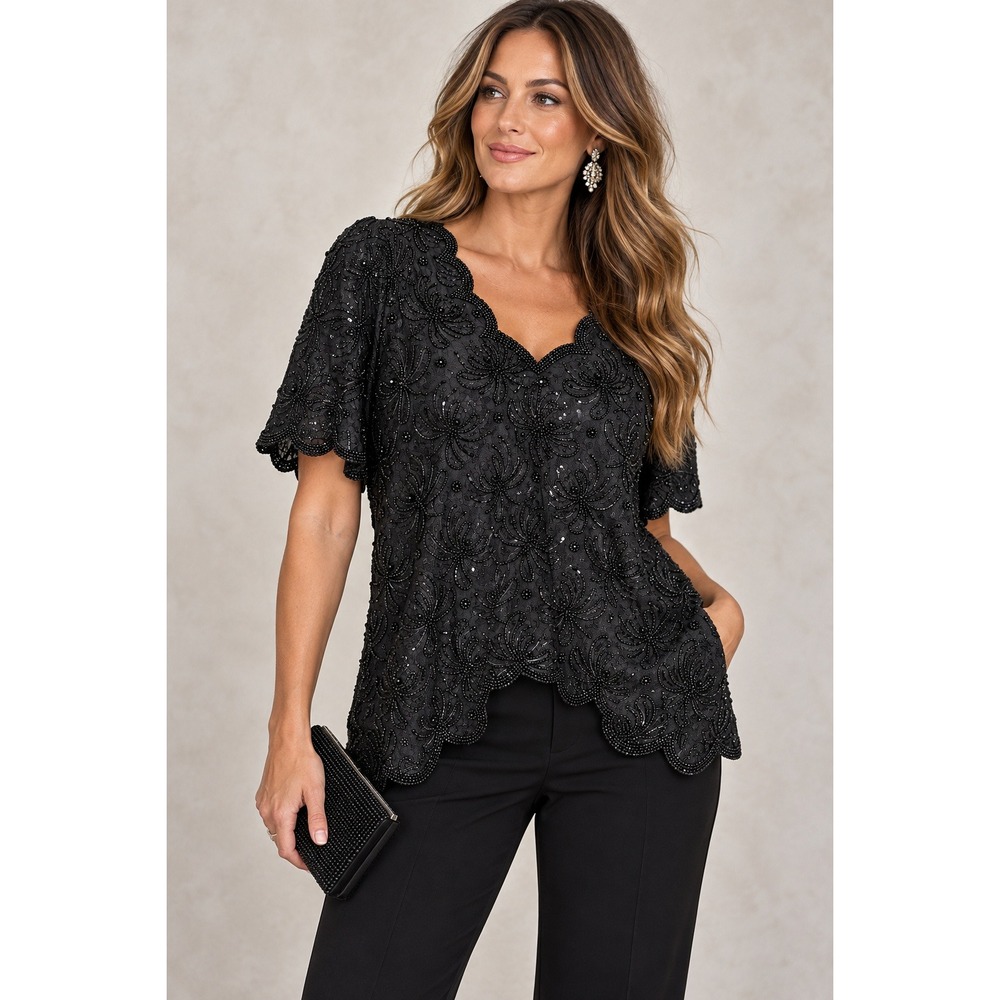 Vintage Lawrence Kazar Black Beaded Sequin Evening Top 80s 90s Glam Blouse